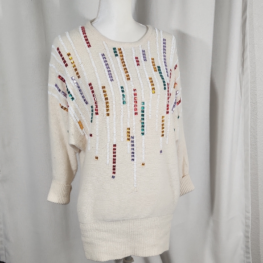 80s TONY LAMBERT silk angora beaded tunic sweater dress M/L vintage dolman mini